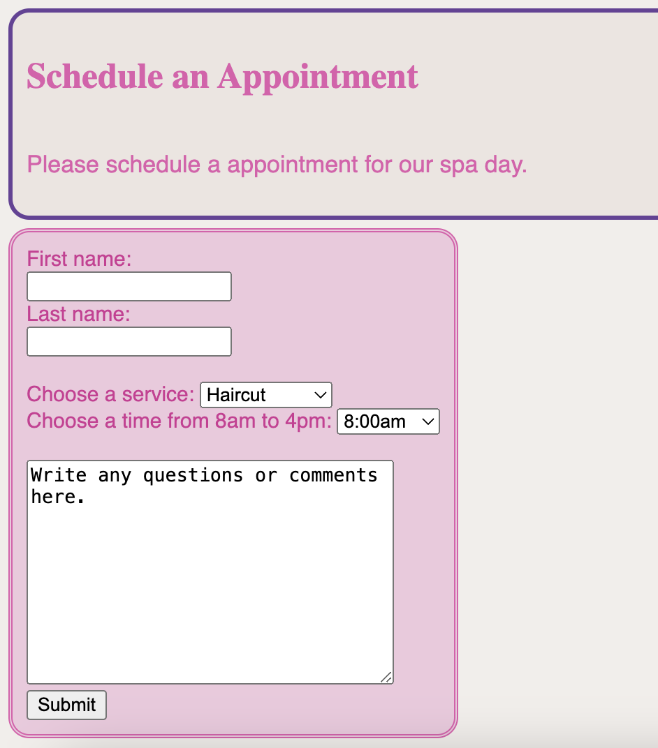 This is a image of the make an appointment form.